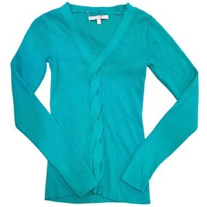 Teal Ribbed Knit V-Neck Top Braided Keyholes Front Detail Long Sleeve Y2K Small